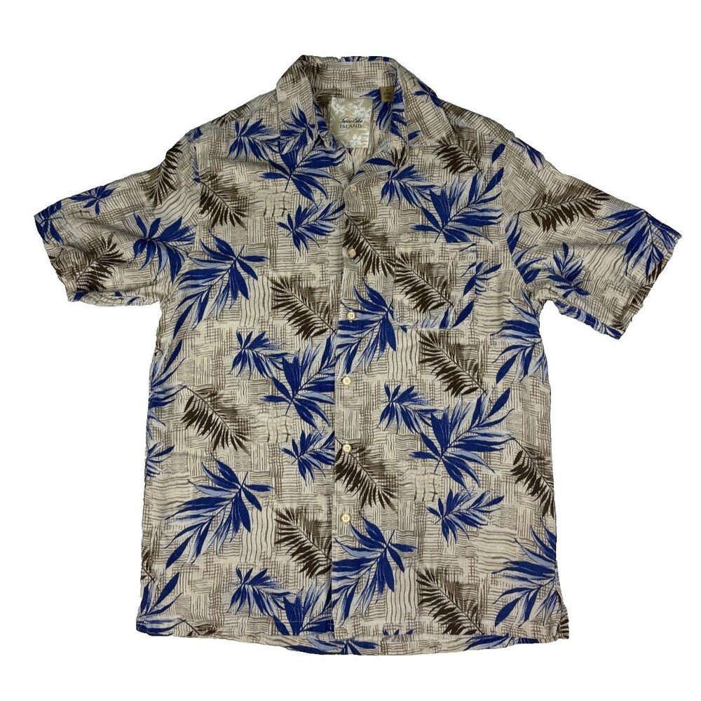 Tasso Elba Island Silk Linen Shirt Mens Small Navy Blue Palm Leaf Hawaiian Camp